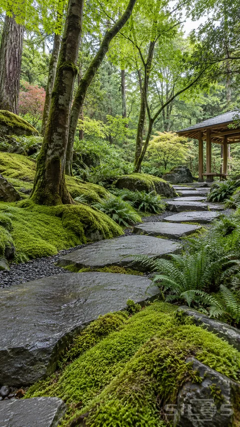 A moss garden path of wet stepping stones curves through ferns and tall trees toward a small timber shelter.