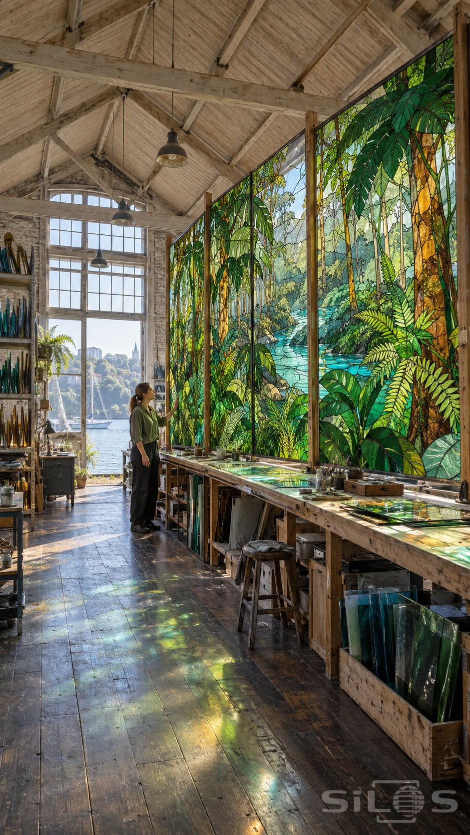An artisan stands beside towering rainforest stained-glass panels in a bright timber-roofed riverside workshop.