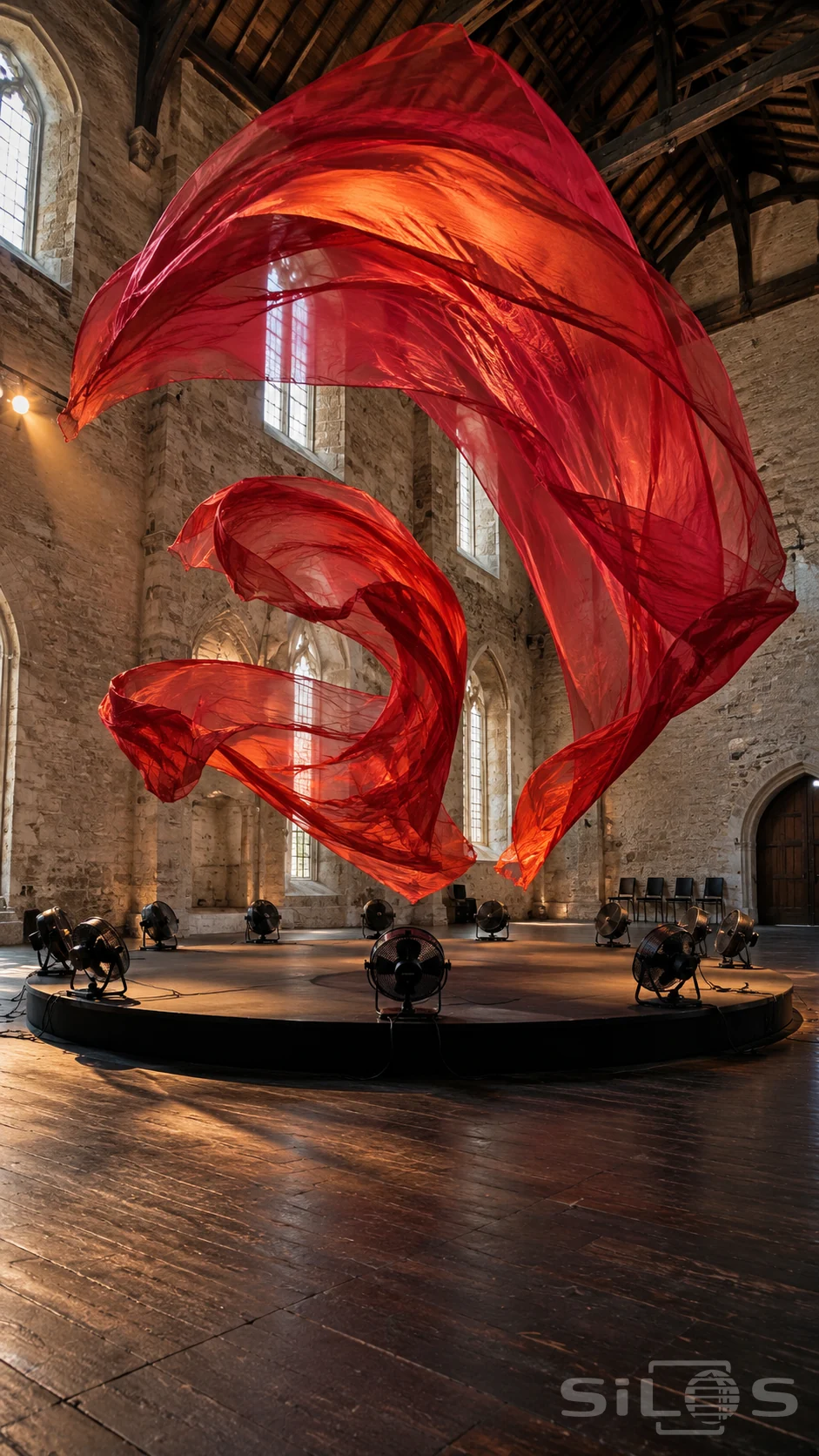 Large translucent red silk sheets curl above a ring of black floor fans in an empty stone hall with timber rafters.