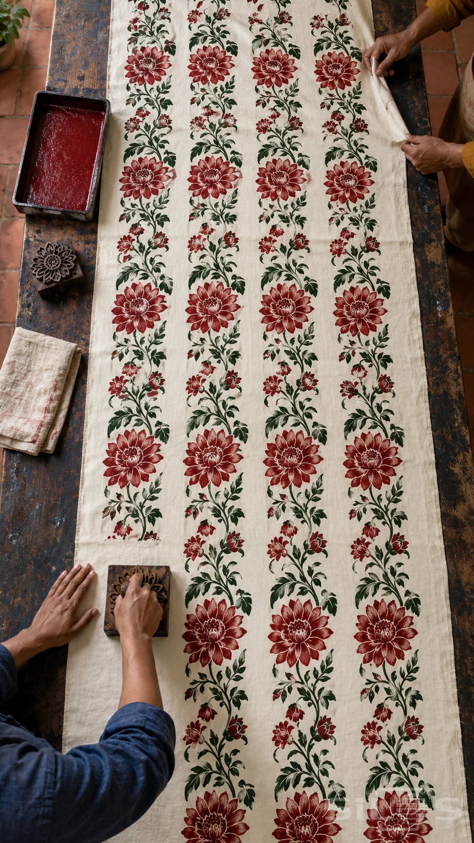 Red flowers and green stems cover ivory cloth as hands use a printing block and hold the long fabric edge in place.