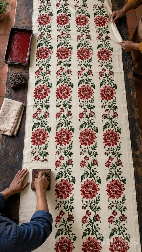 Red flowers and green stems cover ivory cloth as hands use a printing block and hold the long fabric edge in place.