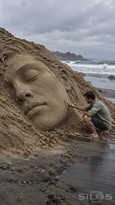 A monumental sleeping sand face carved into a beach mound; with a small sculptor brushing its cheek beside the surf.