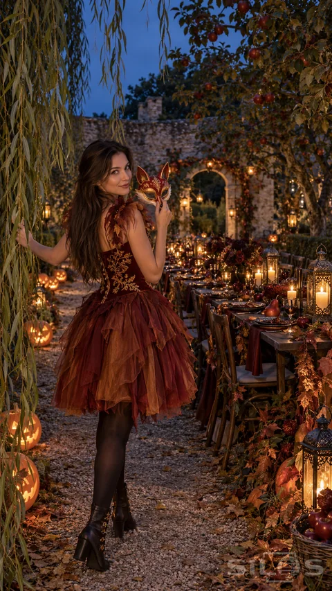A woman in a fox mask costume with a red velvet bodice and layered tulle skirt holds an ornate mask beside a lantern-lit orchard table.