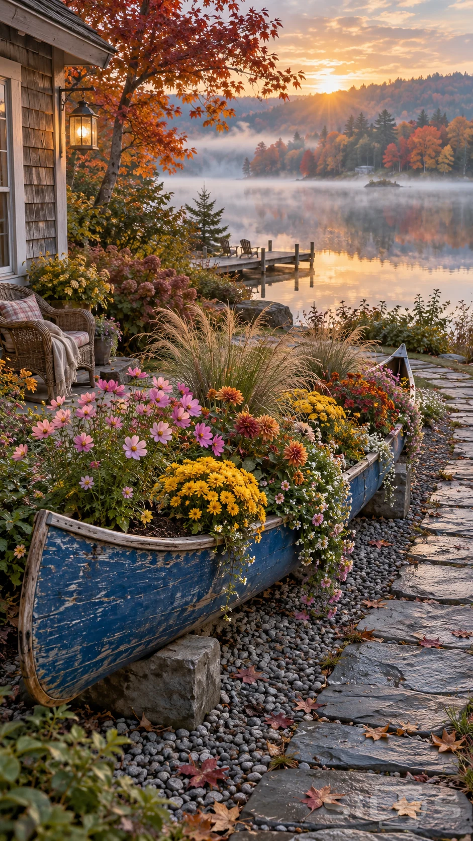 A canoe planter with a weathered blue hull holds pink and yellow flowers beside a stone path overlooking a misty autumn lake.