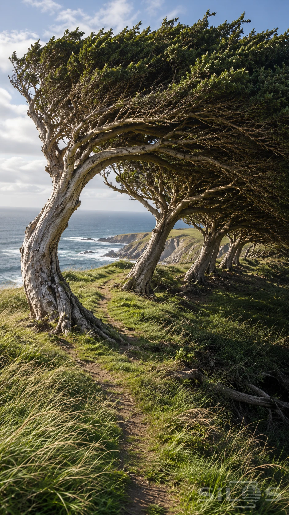 Pale wind-shaped trees lean over a grassy coastal path, their joined crowns forming a low shelter above cliffs and the sea.