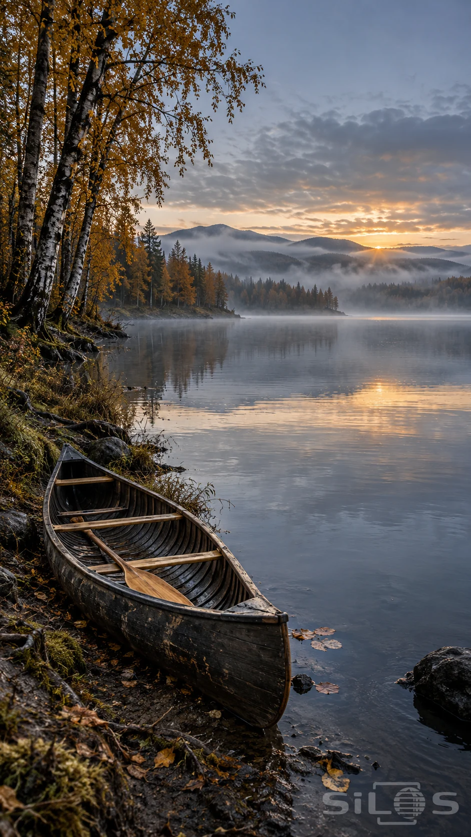 A wooden canoe in autumn mist rests on a muddy lake shore beneath golden birches, with a paddle inside and wooded hills beyond.
