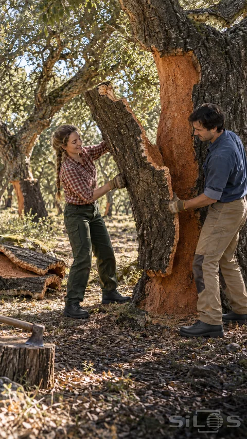 Two adult workers lift a curved bark slab during a cork bark harvest; exposing an orange trunk beneath leafy branches.