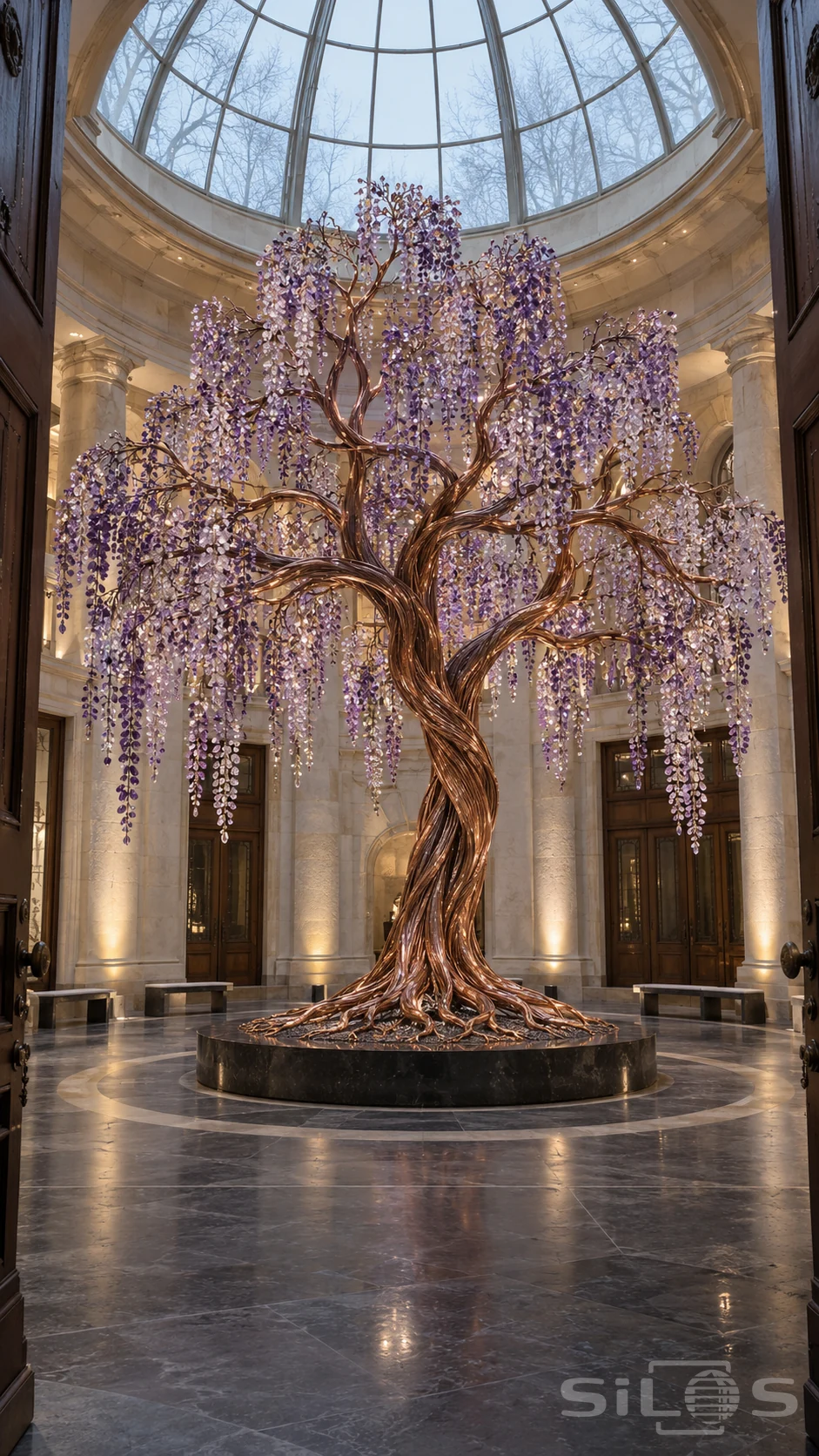 A large copper tree sculpture with hanging purple glass beads stands on a dark plinth in a domed stone rotunda.