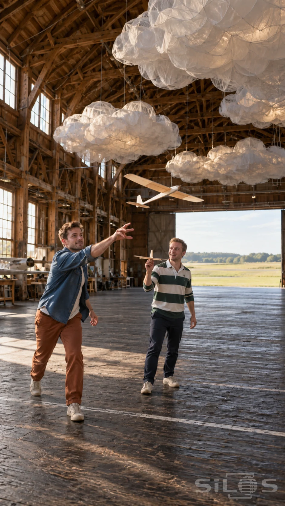Two friends let balsa gliders race beneath a cloud ceiling of suspended white fabric forms inside a tall timber hangar.