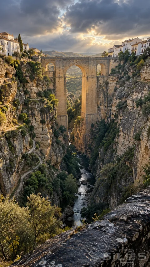 A tall sandstone bridge with one immense central arch spans a rocky gorge and narrow river below whitewashed houses and clearing clouds.
