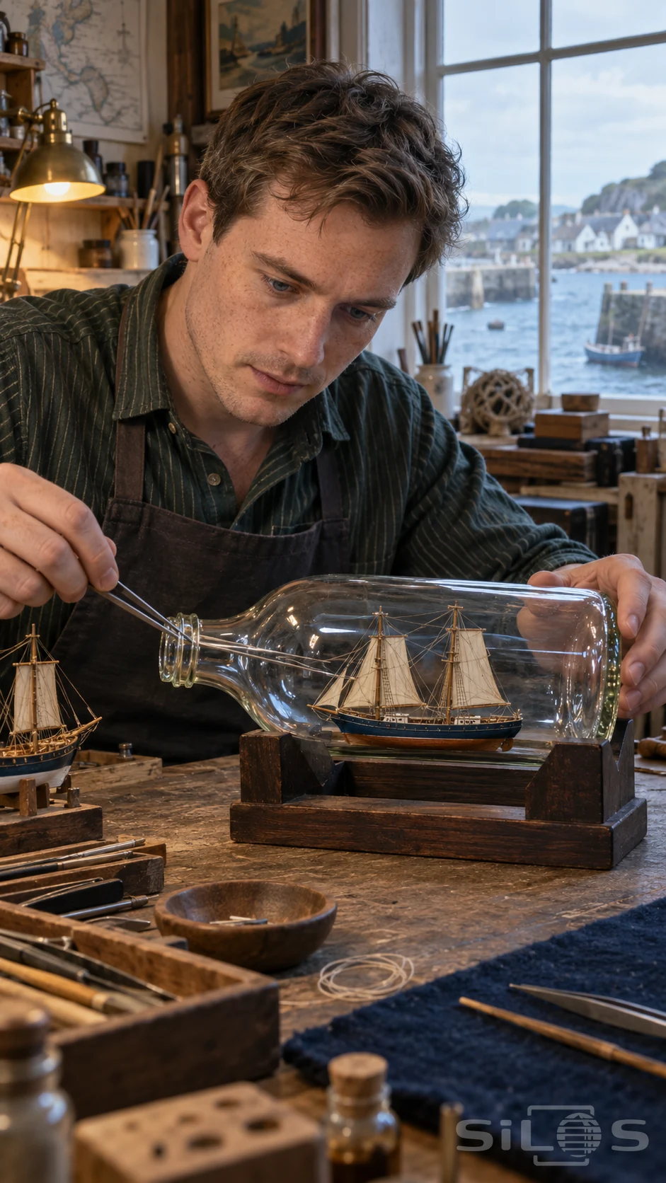 A maker adjusts a ship in a bottle with long tweezers, steadying the glass above a wooden cradle beside a harbor window.