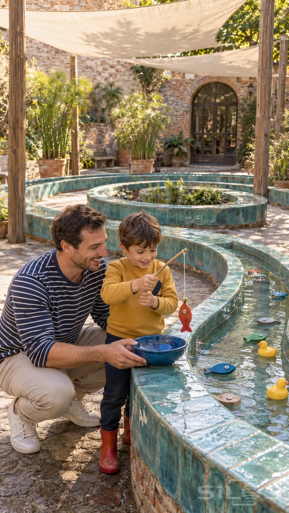 A boy and his father enjoy magnetic fishing beside a turquoise spiral trough, with a red toy fish hanging above a blue bowl.