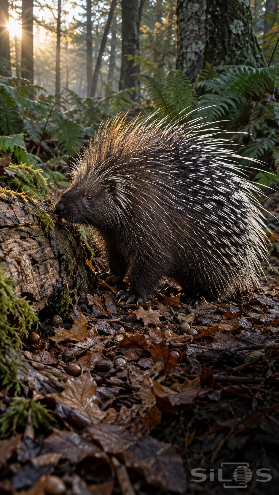 A dark porcupine sniffs a mossy fallen log, with long pale-tipped quills above wet leaves and acorns on the forest floor.