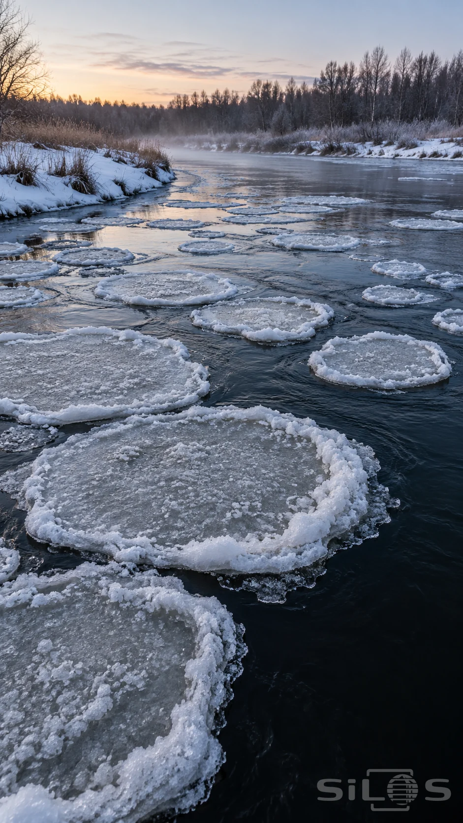 Round pancake ice floats on a dark river, with raised white edges, snowy banks, tawny reeds and distant bare trees.