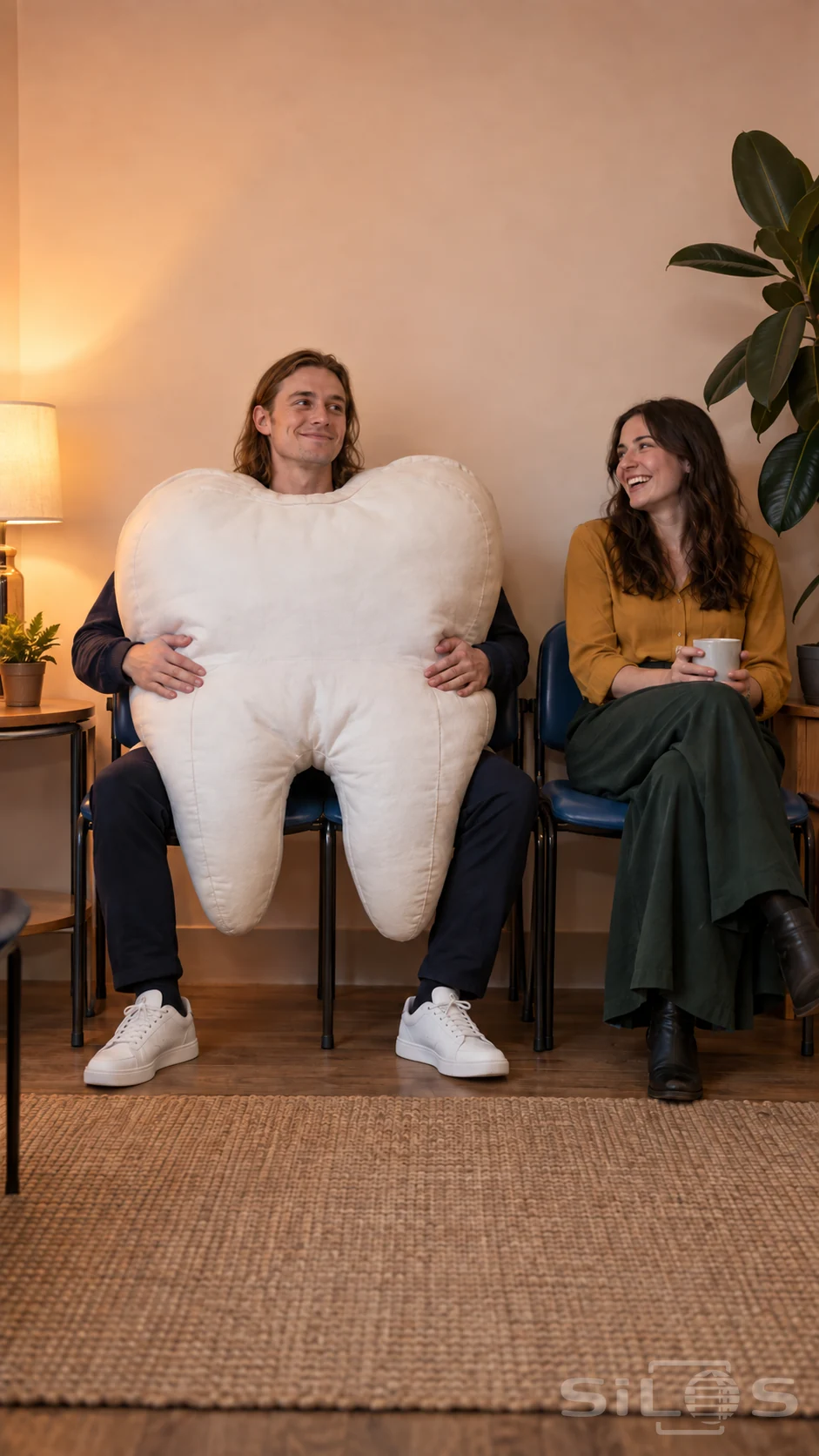 An adult wearing a giant tooth costume sits across blue waiting-room chairs beside a laughing friend.