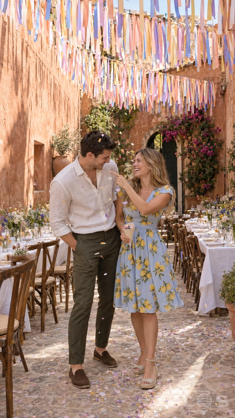 A laughing adult pair stands in a ribbon court beneath pastel streamers, with tissue confetti and long banquet tables around them.