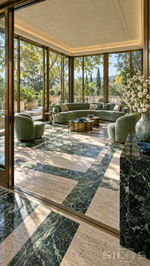Glass veranda with green marble and cream stone floor; curved green sofa; brass tables and a sunlit formal garden.