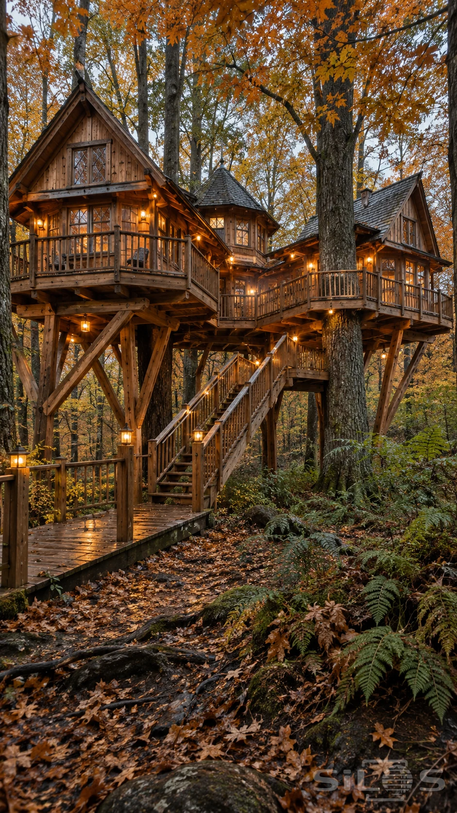 Three elevated timber cabins connect by balconies around mature trees, above a lantern-lit staircase and wet woodland boardwalk.