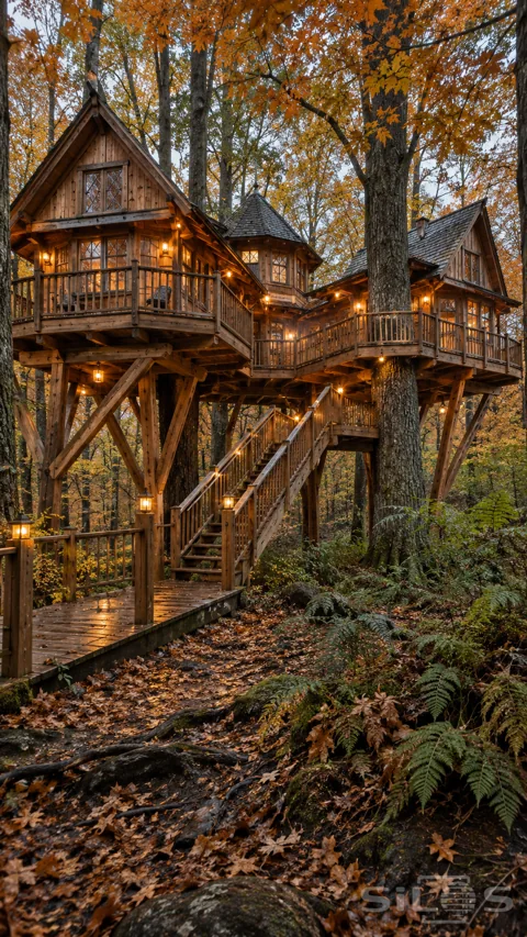 Three elevated timber cabins connect by balconies around mature trees; above a lantern-lit staircase and wet woodland boardwalk.