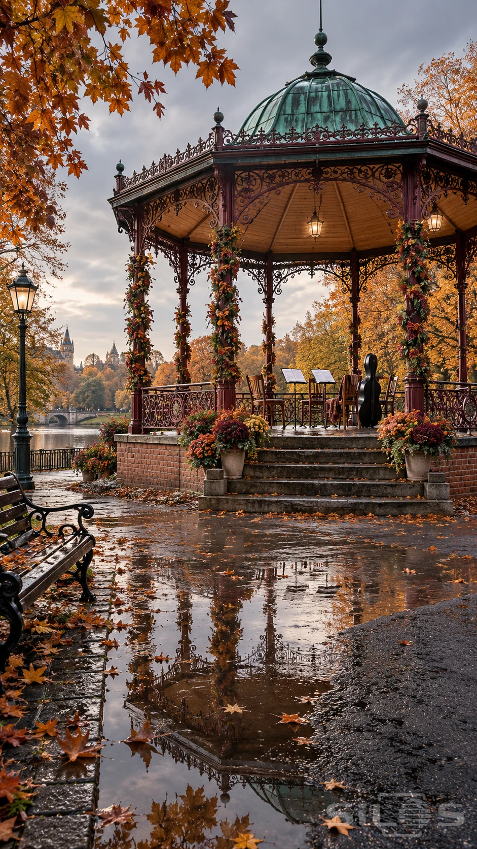 A rainy autumn bandstand stands beside a park lake beneath orange trees.