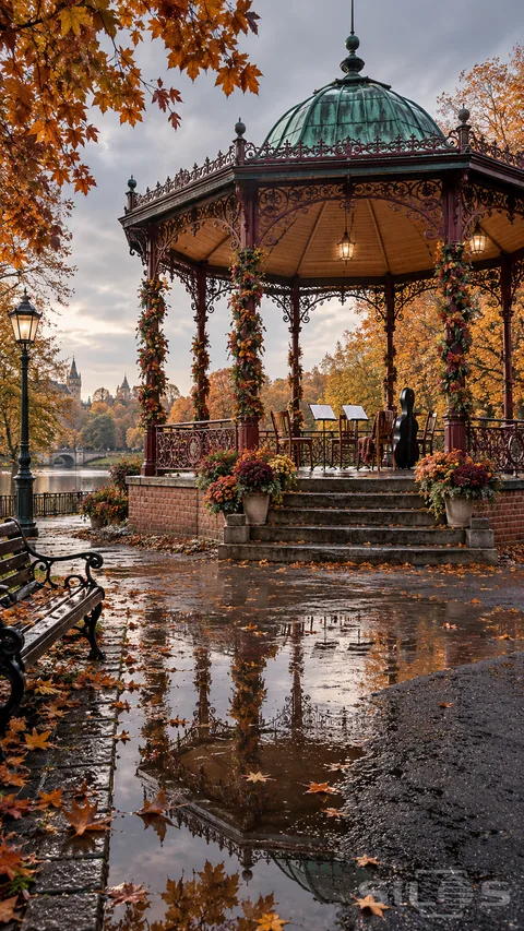 A rainy autumn bandstand stands beside a park lake beneath orange trees.