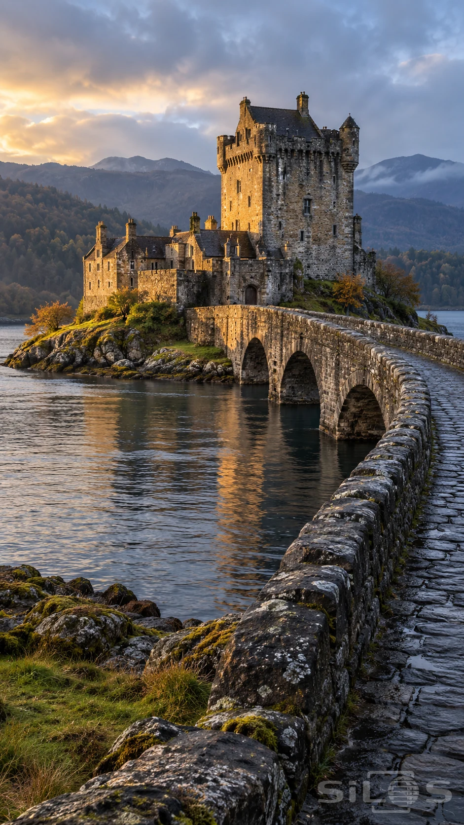 Stone island castle and curving arched bridge in warm dawn light, with a quiet lake and wooded mountains behind.