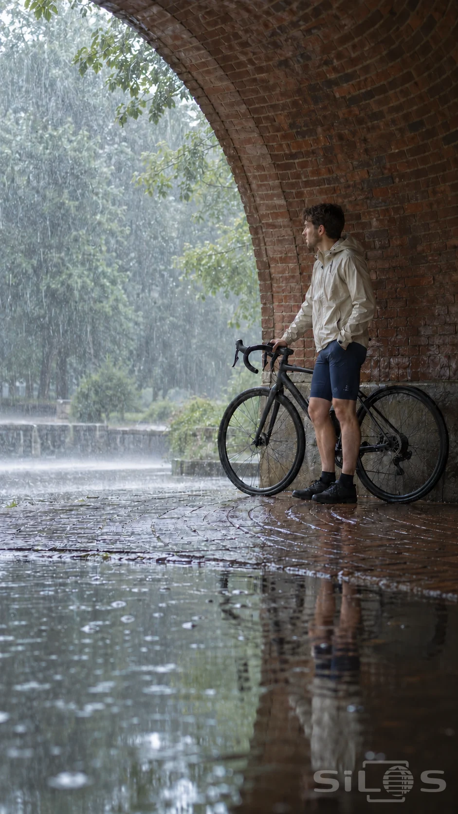 A cyclist waits with a dark bicycle beneath a curved brick shelter, watching heavy rain above a broad reflective puddle.