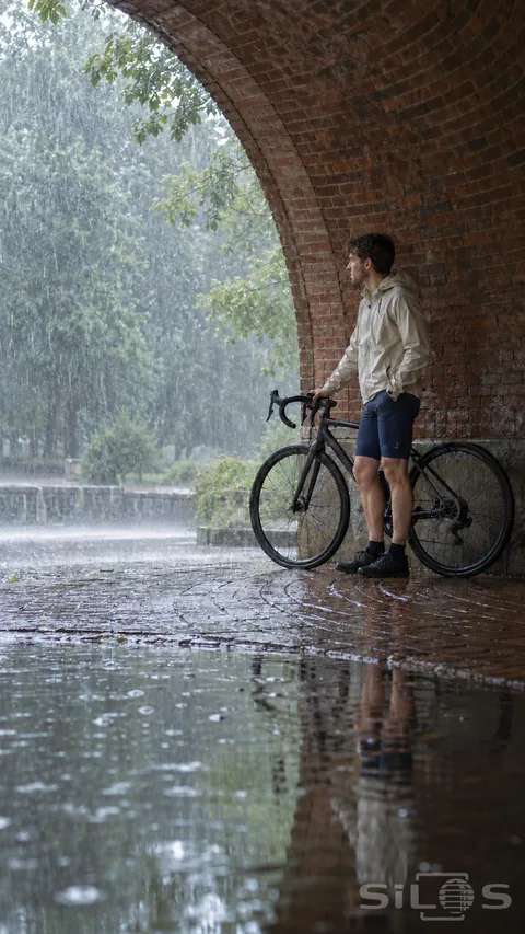 A cyclist waits with a dark bicycle beneath a curved brick shelter; watching heavy rain above a broad reflective puddle.