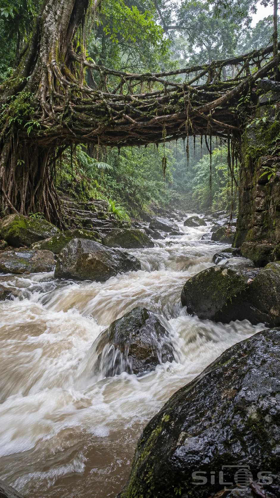 Floodwater rushes around boulders beneath a living root bridge anchored between a large tree and a mossy stone bank.