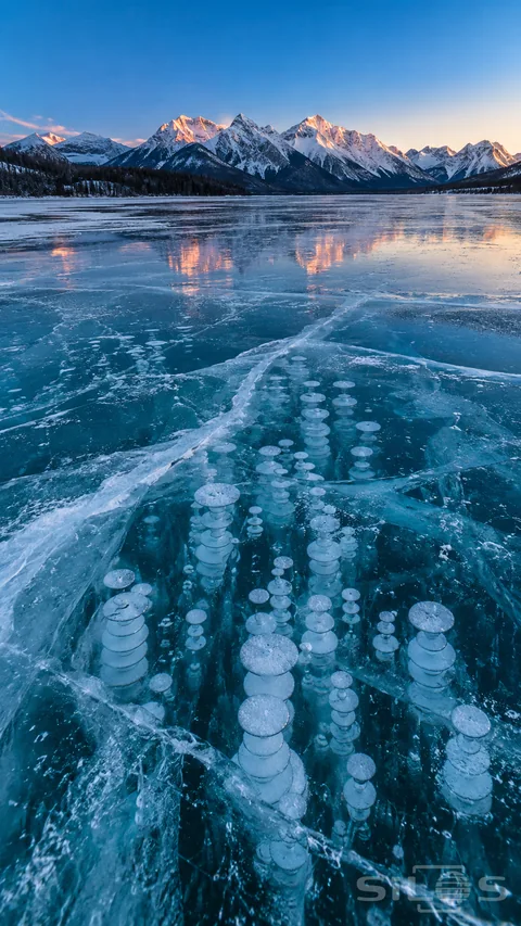 Pale frozen bubbles stack beneath turquoise mountain lake ice; below snowy mountain peaks touched by pink morning sunlight.