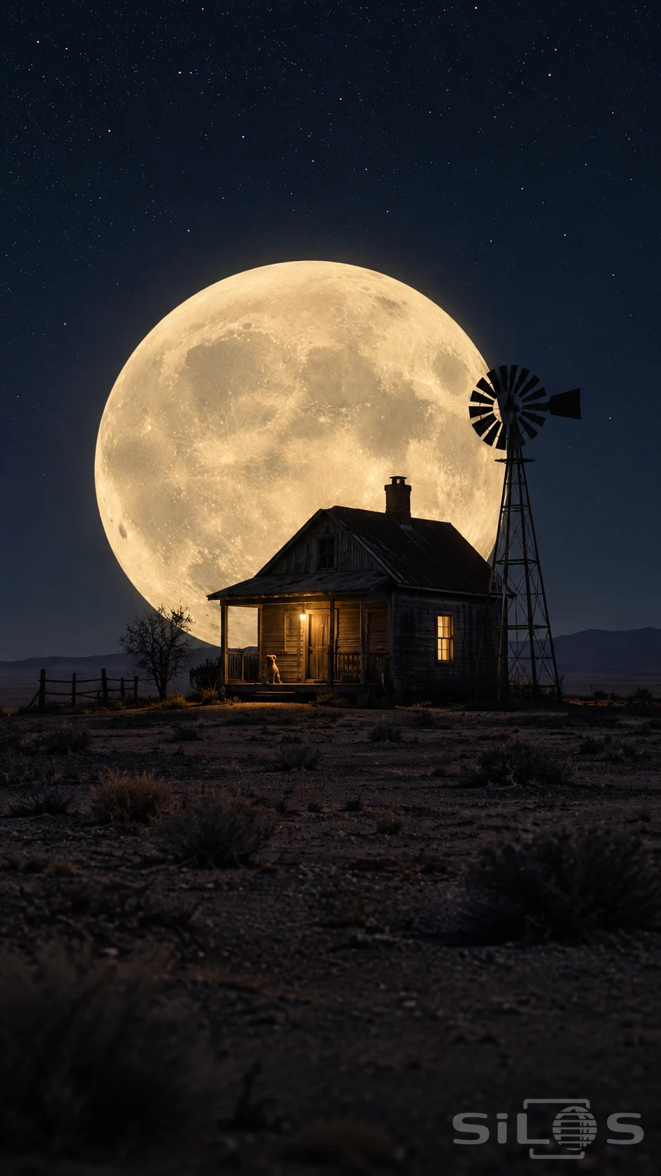 A lone wooden farmhouse and windmill stand beneath an immense full moon while a small dog sits on the lit porch.