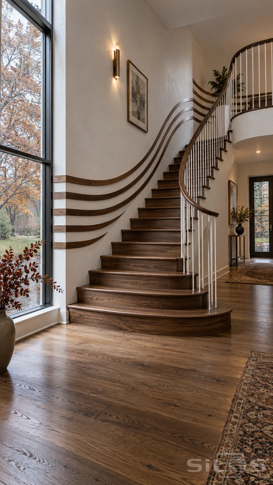 Five flowing walnut bands follow a curved wooden staircase beside a tall window, with slim white balusters and a dark handrail.