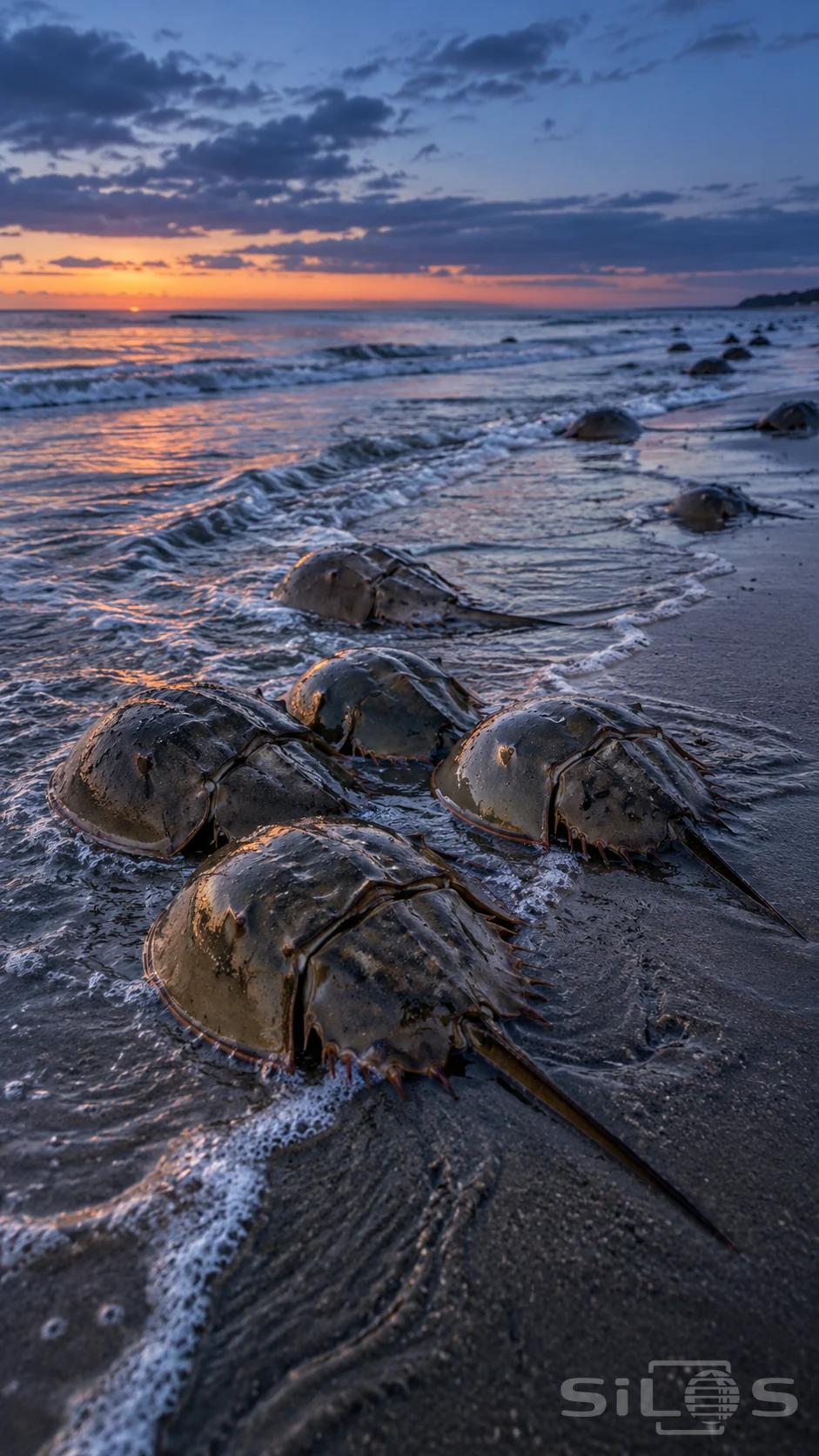 Horseshoe crabs with glossy brown domed shells and long tail spines gather in shallow evening surf across dark wet sand.