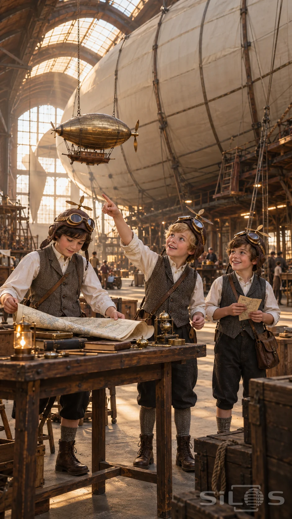 Three boys in leather propeller caps study a map table beneath a small brass airship inside a large timber hangar.