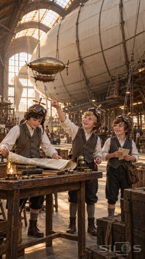Three boys in leather propeller caps study a map table beneath a small brass airship inside a large timber hangar.