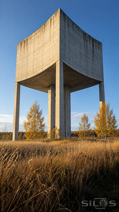 A concrete water tower with curved pale walls and slender supports rises above tawny grasses and golden birches.