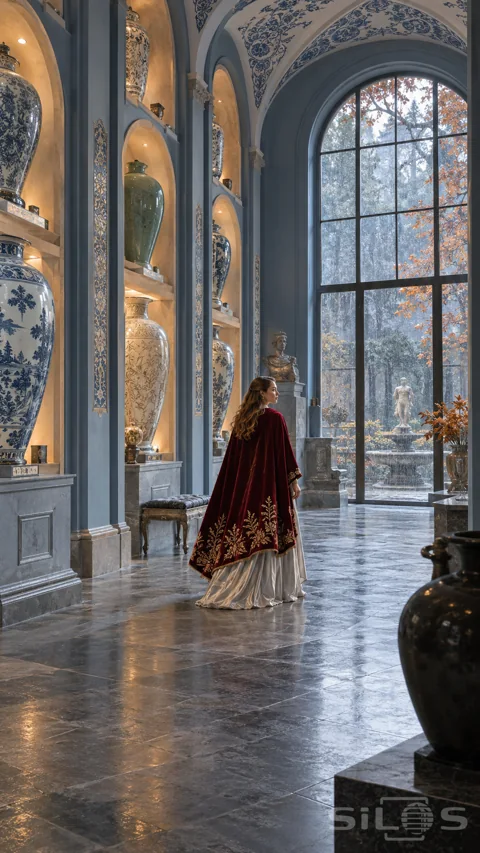 A woman in a burgundy velvet cape and silver skirt stands in a tall blue gallery lined with large ceramic vases.