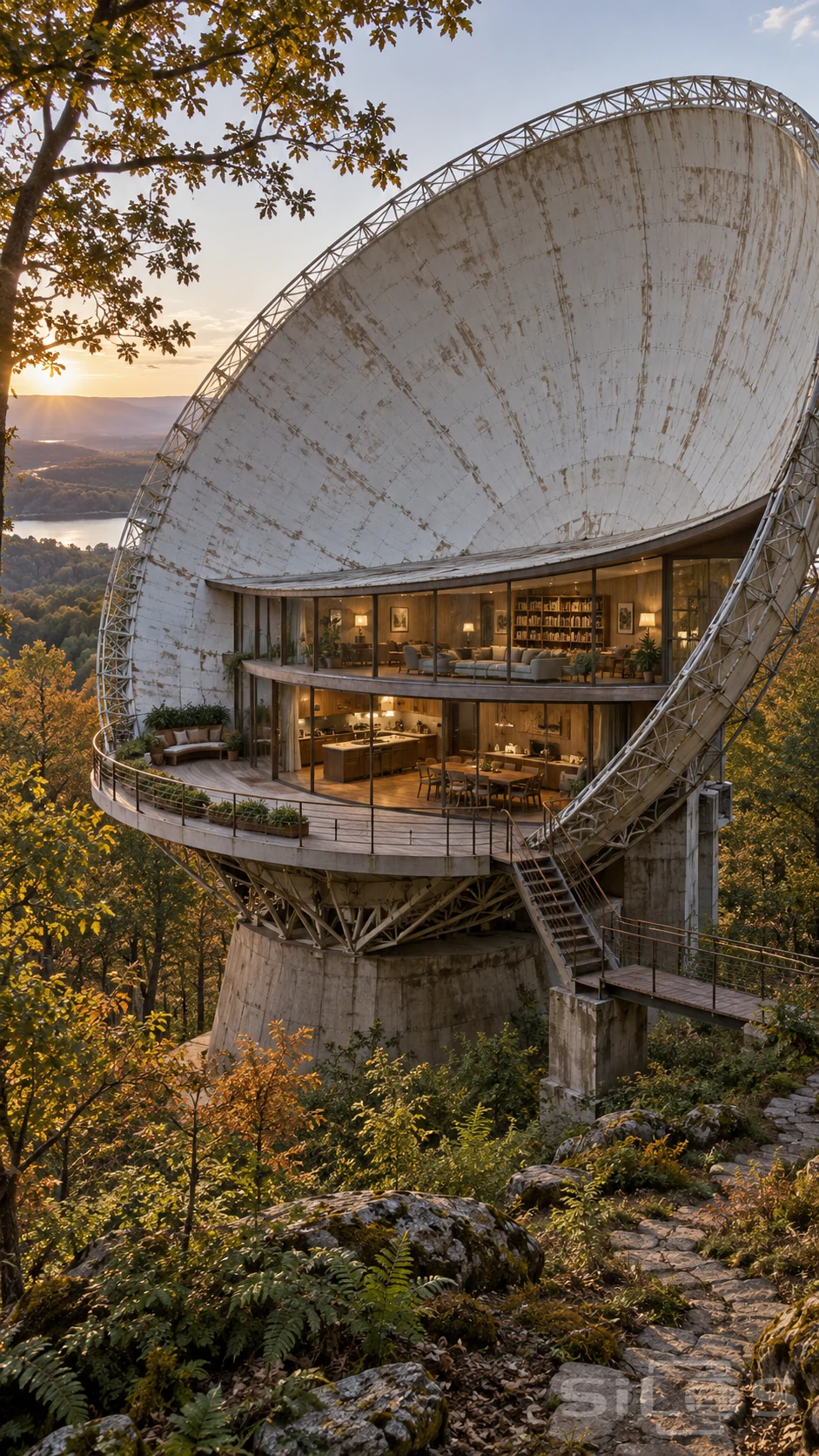 A two-level glazed timber home fills the lower half of a tilted white dish, with a curved terrace and a bridge to the wooded hillside.