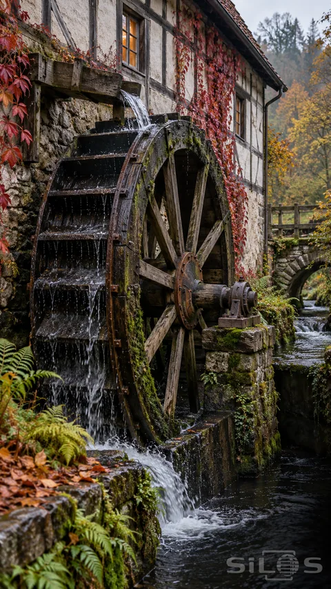 Water flows from a timber chute onto a mossy wooden waterwheel beside a pale mill wall and stone-lined channel.