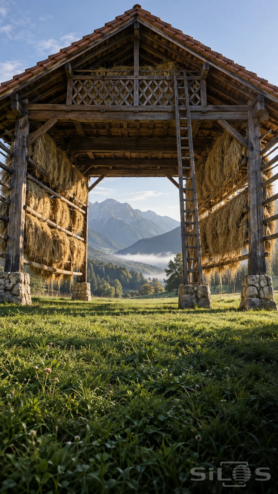 Golden hay hangs on timber drying rails beneath a red tiled roof, with an open central bay facing distant mountains.