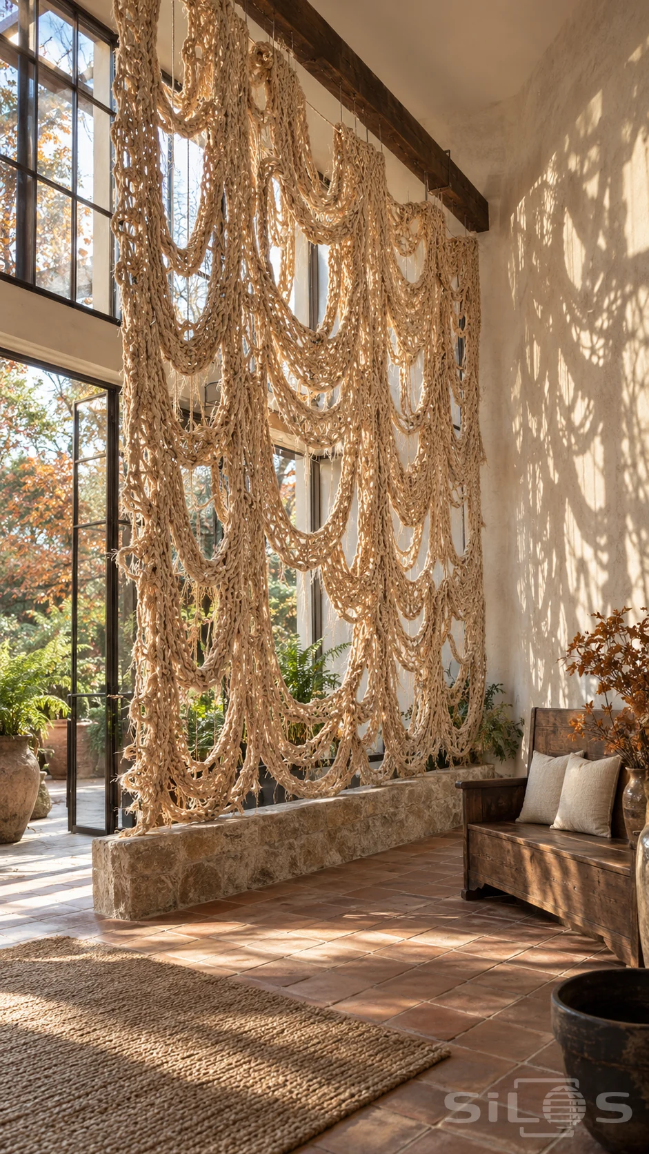 A tall screen of loosely crocheted raffia loops hangs beside autumn garden windows in a warm terracotta-tiled room.