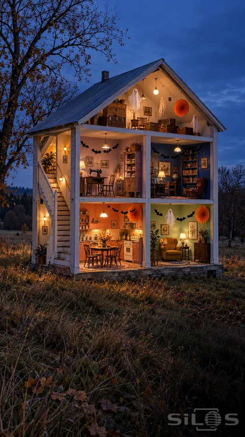 A full-size dollhouse with an open front reveals colorful furnished rooms and Halloween decorations in a dark meadow.