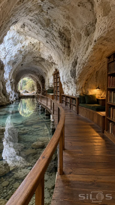 A curved oak walkway; bookshelves and green reading seats fit inside a pale circular cave above a shallow reflecting pool.