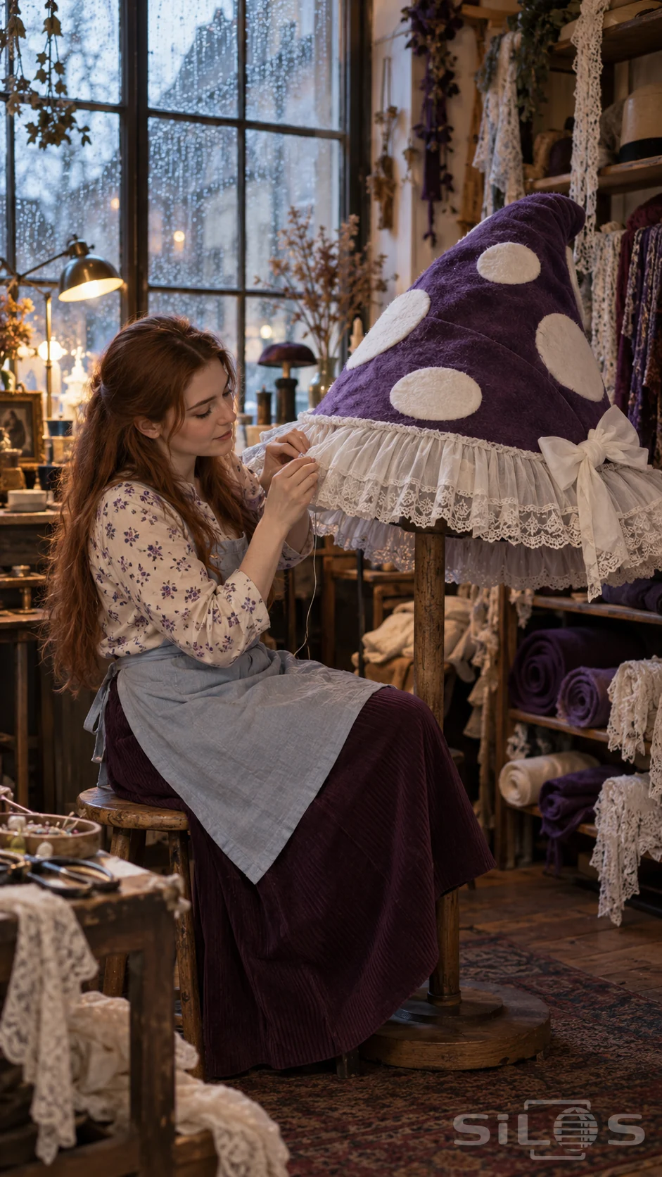 Adult milliner in a floral blouse stitches a white lace ruffle around an enormous purple mushroom hat on a wooden stand.