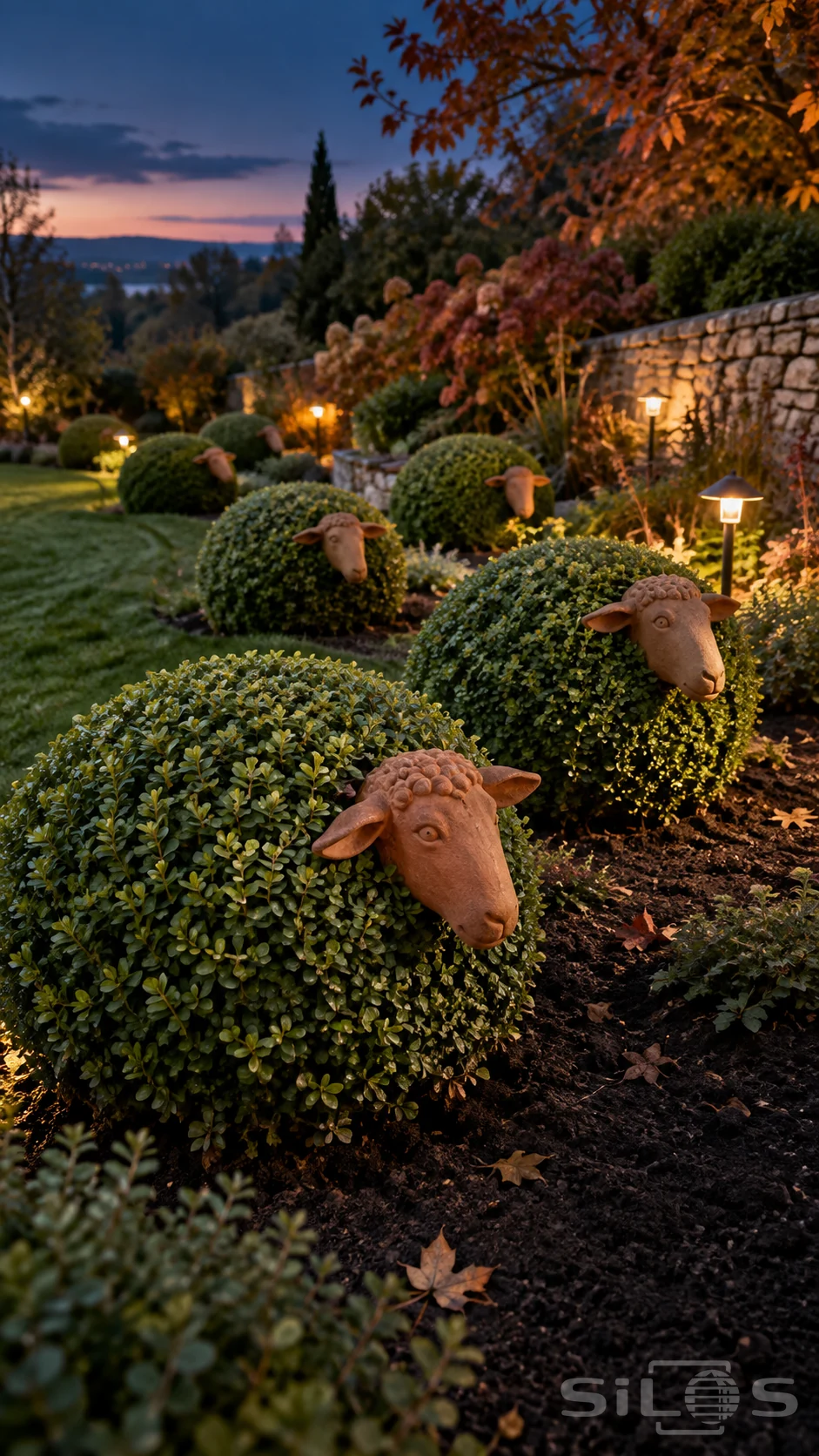 A topiary flock of rounded green shrubs with terracotta sheep heads stands beside a lawn and stone wall under warm evening lamps.
