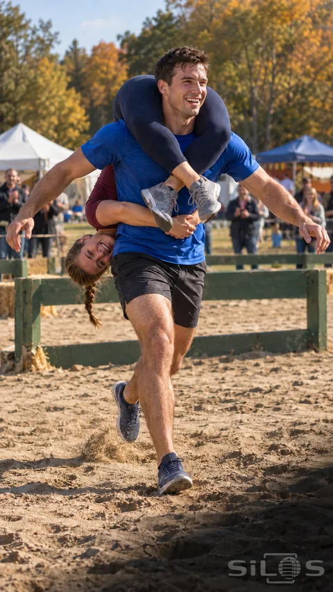 Partner carrying race with a man running across sand while an adult woman holds on upside down; both laughing in plain sportswear.