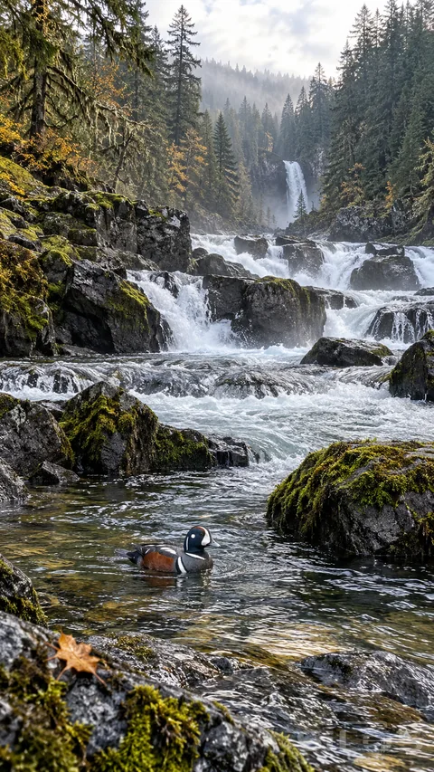 A harlequin duck floats below whitewater cascades among mossy river rocks with a distant forest waterfall.