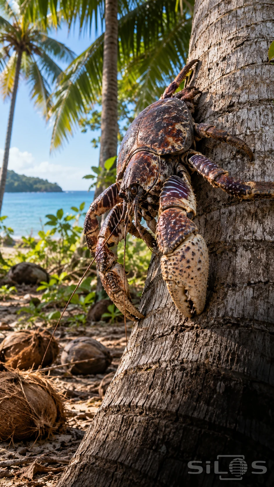 A coconut crab with a mottled brown and cream shell grips a palm trunk with jointed legs, its large claws pointing toward sandy ground.