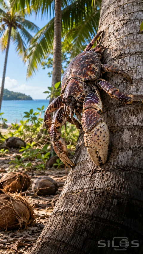 A coconut crab with a mottled brown and cream shell grips a palm trunk with jointed legs; its large claws pointing toward sandy ground.