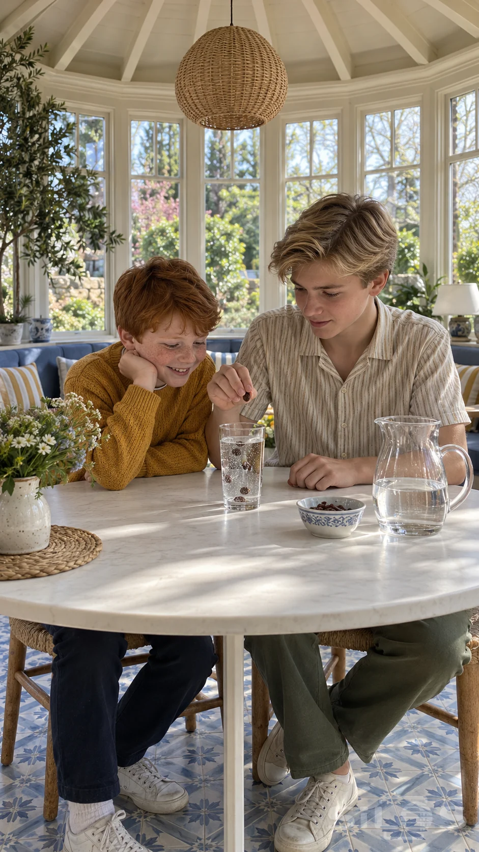 Two brothers watch dancing raisins in a glass of sparkling water at a sunny breakfast room table.